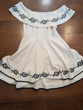 Francesca's Collections White Off-Shoulder Dress with Black Floral Embroidery